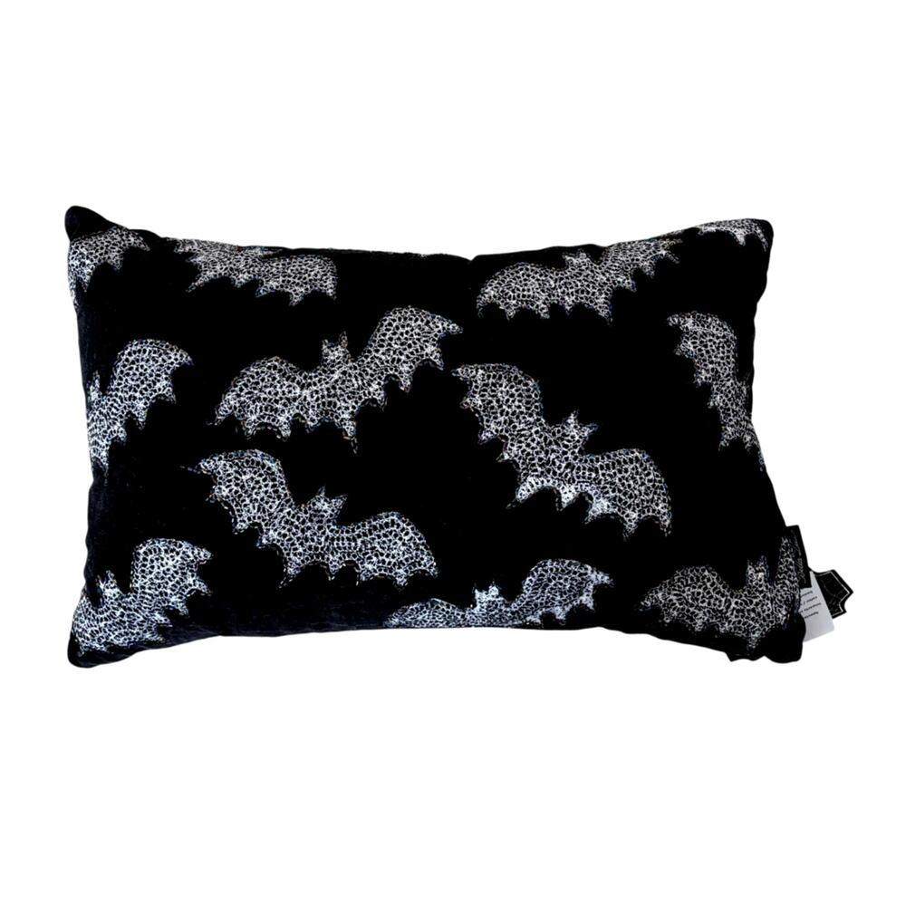 Bella Lux Velvet Embroidered BATS Lumbar Pillow 14x22 Black Silver Halloween New